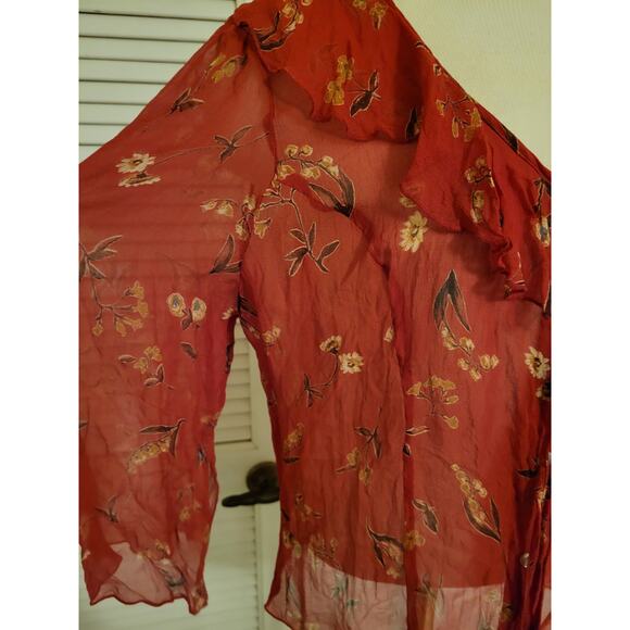 Vtg Tess Flare Sleeve Ruffle V Neck Tie-Front Floral Silk Sheer Top Red Size 14 - Picture 3 of 11
